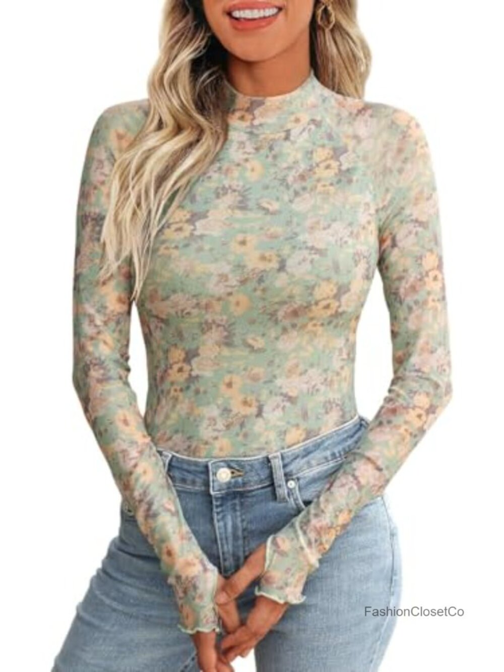 Women's Sheer Floral Mesh Long Sleeve Mock Neck Top Layering Undershirt